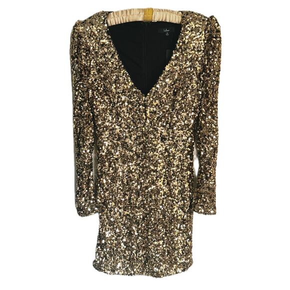 NWT Lulu’s Gold Sequin Long Sleeve Mini Dress Medium Holiday NYE - Picture 2 of 12